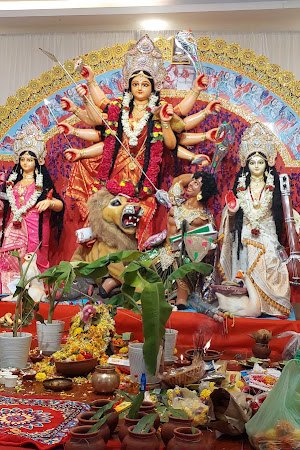 Durga idol tableau and offerings, Assam Association Durga Puja
