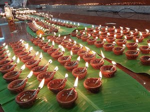 Rows of ritual pots and offerings, Assam Association Durga Puja