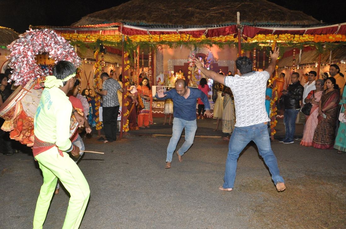 Dance at the pandal, Oikotan Hebbal Durgotsav Society