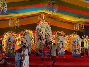 Durga idol tableau under multicolour canopy, Agrani Socio Cultural Association